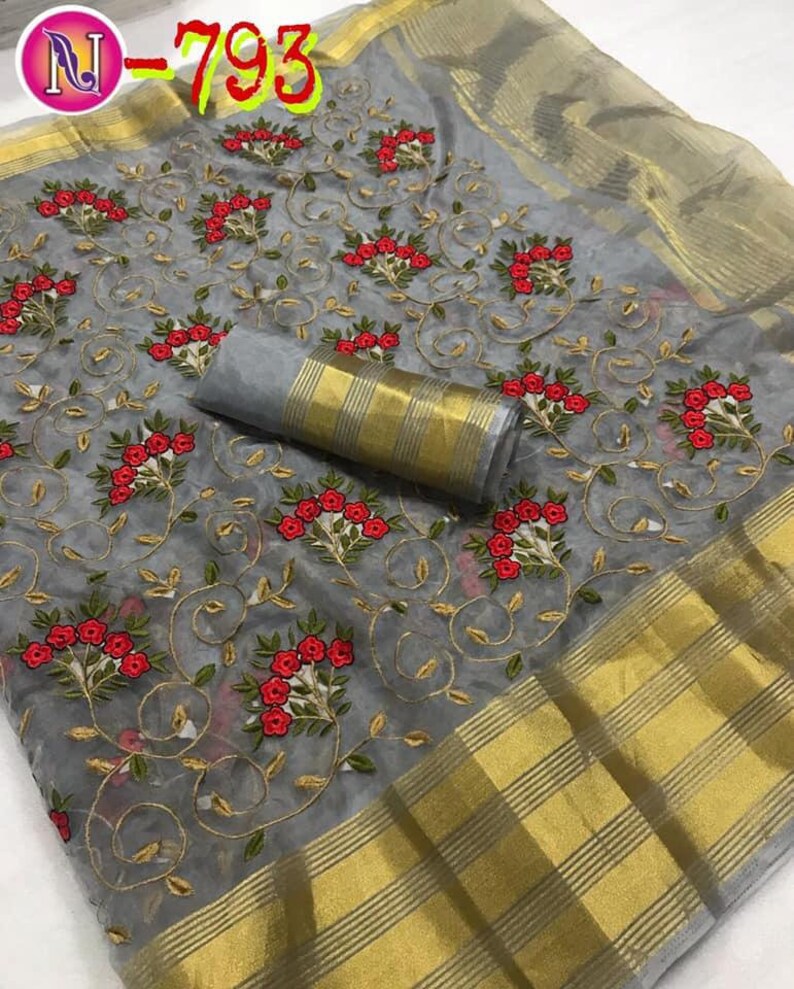 ELEGANT Organza Silk Grey Indian Saree Beautiful Floral Pattern Embroidered Indian Clothing Antique Sarong Wedding /& Party Wear 5 Yards