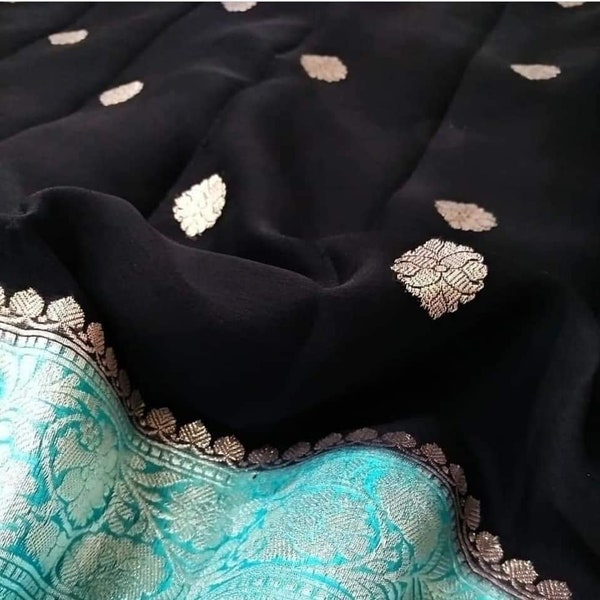 Noir belle mousseline de soie Zari travail pure georgette banarasi soie tissée à la main sari designer tissage tissu sari femmes avec pièce de chemisier de course