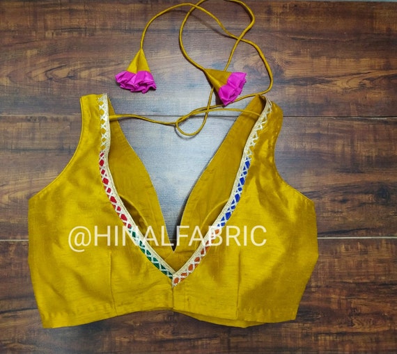 Musturd Sabyasachi deep V cut blouse Designer Pattern Beautiful Saree  Blouse Indian Readymade Sari Blouse, Bollywood Sari Blouse, Choli