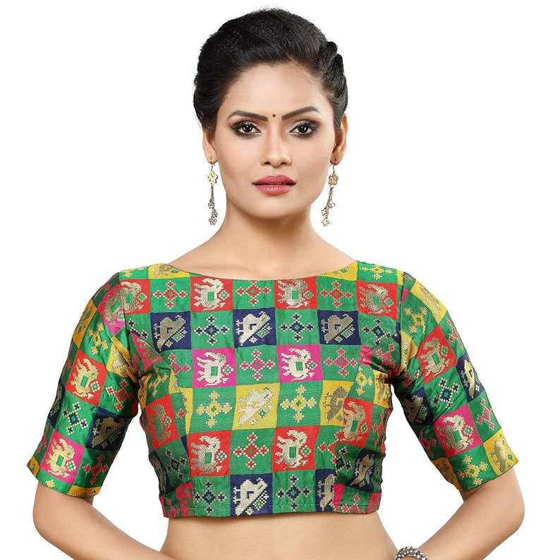 Green 3/4 Sleeves Brocade Readymade Blouse Bridesmaid Blouse Boat Neck