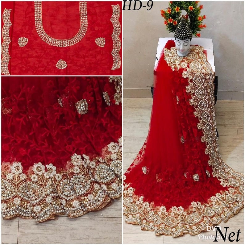 Red Cocktail Wedding Beautifully Net Saree Designer Net Heavy