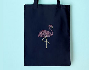 Flamingo Embroidery Tote Kit, Craft Kit for Beginners, Paisley Hoop Art, DIY Tote Bag, Modern Needlework, Hand Embroidery Kit