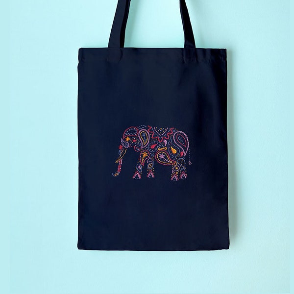 Elephant Embroidery Tote Kit, Craft Kit for Beginners, Paisley Hoop Art, DIY Tote Bag, Modern Needlework, Hand Embroidery Kit