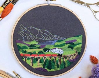 Glenfinnan Viaduct Scottish Embroidery Kit, 6-Inch Organic Cotton DIY Craft Set