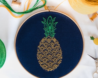 Pineapple Embroidery Kit, Craft Kit for Beginners, Paisley Hoop Art, Modern Needlework Set, Pineapple Lovers Gift, DIY embroidery pattern