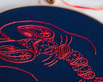 Lobster Embroidery Kit, Craft Kit for Beginners, Paisley Hoop Art, Modern Needlework Set, Animal Lovers Gift, DIY embroidery pattern