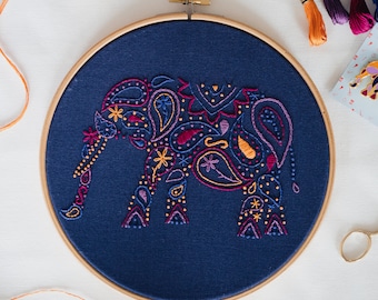 Elephant Embroidery Kit, Craft Kit for Beginners, Paisley Hoop Art, Modern Needlework Set, Animal Lovers Gift, DIY embroidery pattern