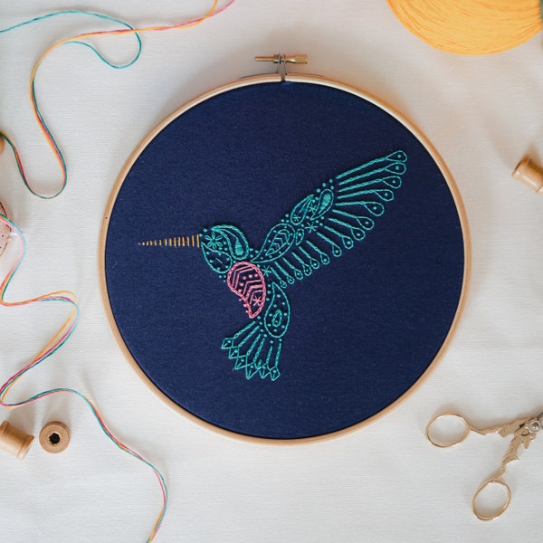 Beginner Embroidery Kit, Paisley Hummingbird 8” Craft Set, Animal Themed