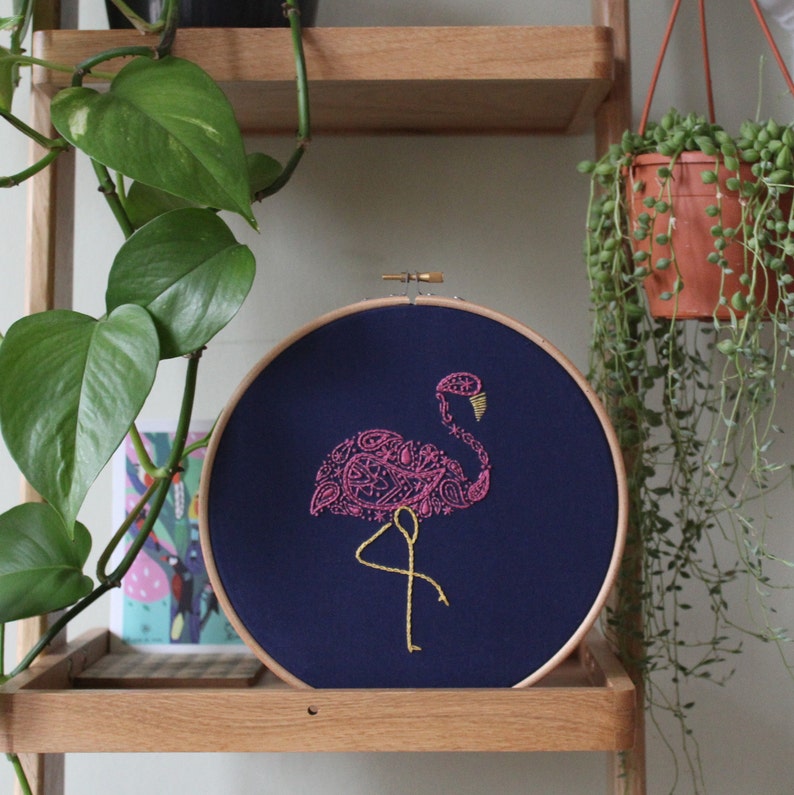 Flamingo Embroidery Kit, Craft Kit for Beginners, Paisley Hoop Art, Modern Needlework Set, Animal Lovers Gift, DIY embroidery pattern image 5
