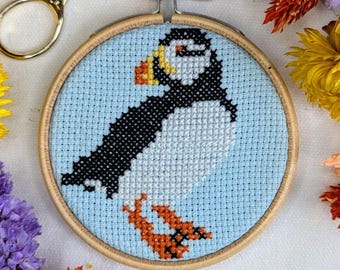Beginner Cross Stitch Kit, Mini Scottish Puffin 3" Craft Gift Set