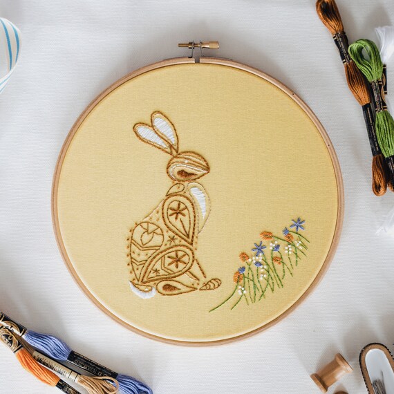 初心者向けうさぎ刺繍キット、8インチオーガニックコットンDIYクラフト