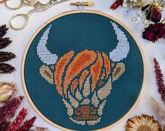 Beginner Cross Stitch Kit, Scottish Highland Coo 6" Craft Gift Set