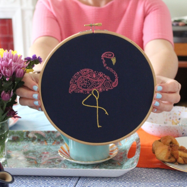 Flamingo Embroidery Kit, Craft Kit for Beginners, Paisley Hoop Art, Modern Needlework Set, Animal Lovers Gift, DIY embroidery pattern image 4
