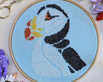 Beginner Cross Stitch Kit, Scottish Puffin 6" Craft Gift Set