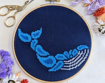 Beginner Cross Stitch Kit, Whale 6" Craft Gift Set