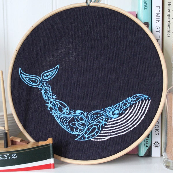 Whale Embroidery Kit, Craft Kit for Beginners, Paisley Hoop Art, Modern Needlework Set, Animal Lovers Gift, DIY embroidery pattern