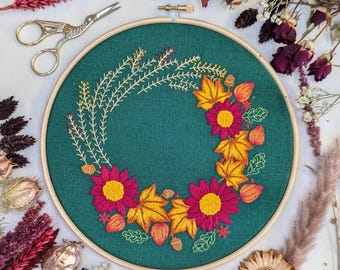 Autumn Wreath Embroidery Kit, 8-Inch Organic Cotton DIY Craft Set