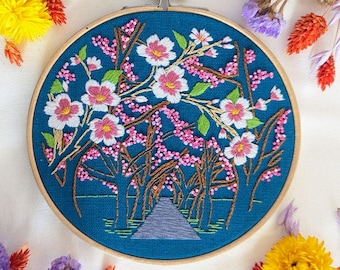 Cherry Blossom Embroidery Kit, 6-Inch Organic Cotton DIY Craft Set