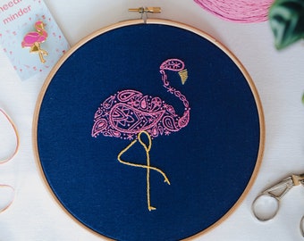 Flamingo Embroidery Kit, Craft Kit for Beginners, Paisley Hoop Art, Modern Needlework Set, Animal Lovers Gift, DIY embroidery pattern