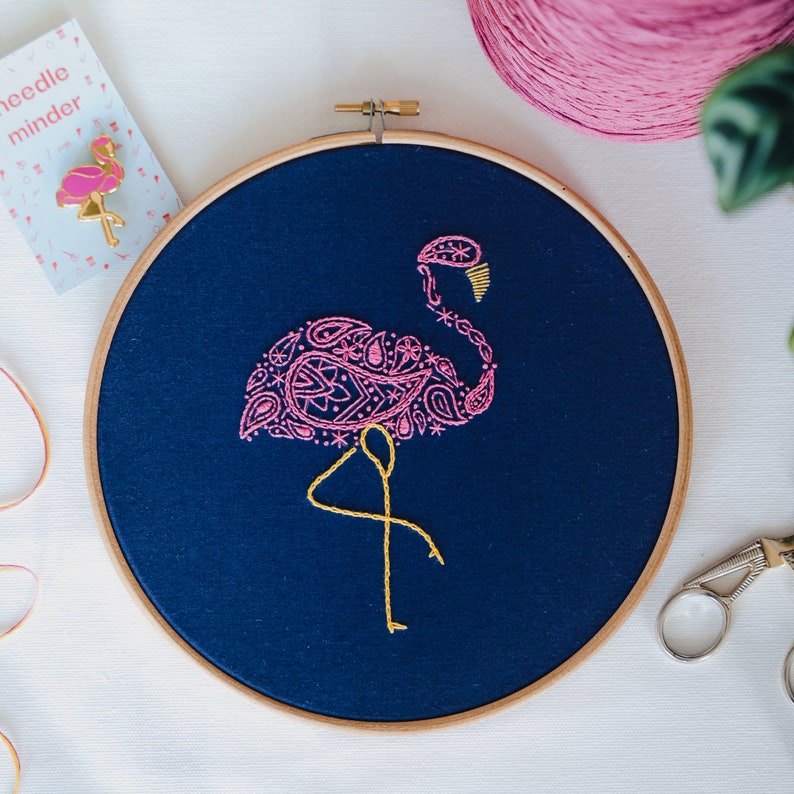 Flamingo Embroidery Kit, Craft Kit for Beginners, Paisley Hoop Art, Modern Needlework Set, Animal Lovers Gift, DIY embroidery pattern image 1