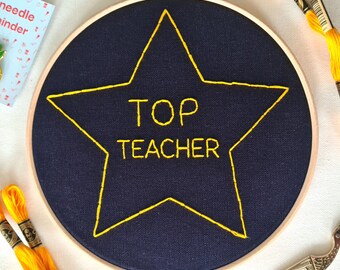 Top Teacher Embroidery Kit, Craft Kit for Beginners, Kids Hoop Art, Modern Needlework Set, Gold Star Craft Gift, DIY embroidery pattern,