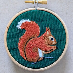 May include: Hand-stitched embroidery art of a red squirrel on a green background, set in a wooden hoop. The squirrel has a fluffy tail with white tips, brown and orange fur, and is holding a nut. The hoop is approximately 6 inches in diameter.