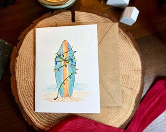 Surfboard Christmas Card, Lights Holiday Greeting (Digital Download)