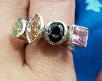 Beautiful Sterling Silver Statement Ring with Garnet and Tourmaline