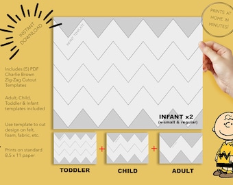 May include: Five printable PDF templates for cutting out zig-zag shapes in various sizes. The templates include infant, toddler, child, and adult sizes. The image shows a black and white zig-zag pattern with the text "Infant Template" and "Infant x2 (x-small & regular)".
