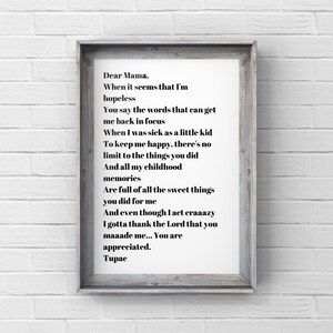 Dear Mama Tupac Typed Letter Rap Lyrics Wall Hanging Art Print Etsy