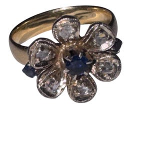 Può includere: Un anello in oro con una montatura a forma di fiore, caratterizzato da uno zaffiro blu centrale circondato da sei petali, ognuno contenente una pietra chiara. I petali sono realizzati in metallo argentato con bordo testurizzato su fascia liscia.