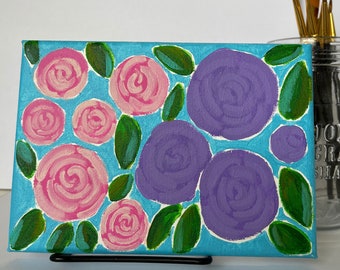 Rose astratte rosa e viola: dipinto acrilico floreale (5 x 7 pollici)