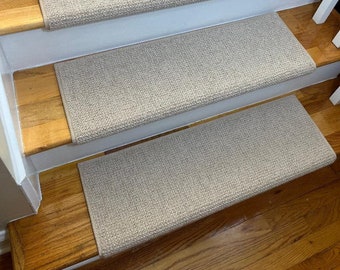 OPEN BOX SALE! Set of 16 Adderbury Tan/Ivory 100% Wool Padded True Bullnose® Stair Treads 27" Wide X 10" Deep