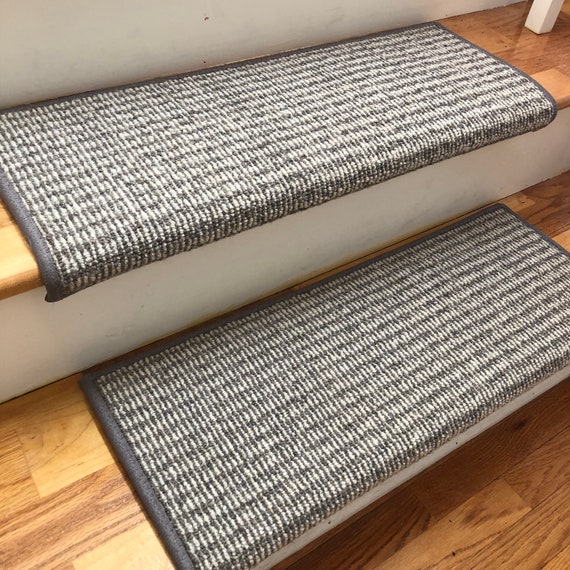 OPEN BOX SALE! Set of 16 Rustic Charm Zinc Heather 100% Wool Padded True Bullnose® Carpet Stair Treads 35" wide X 10" deep