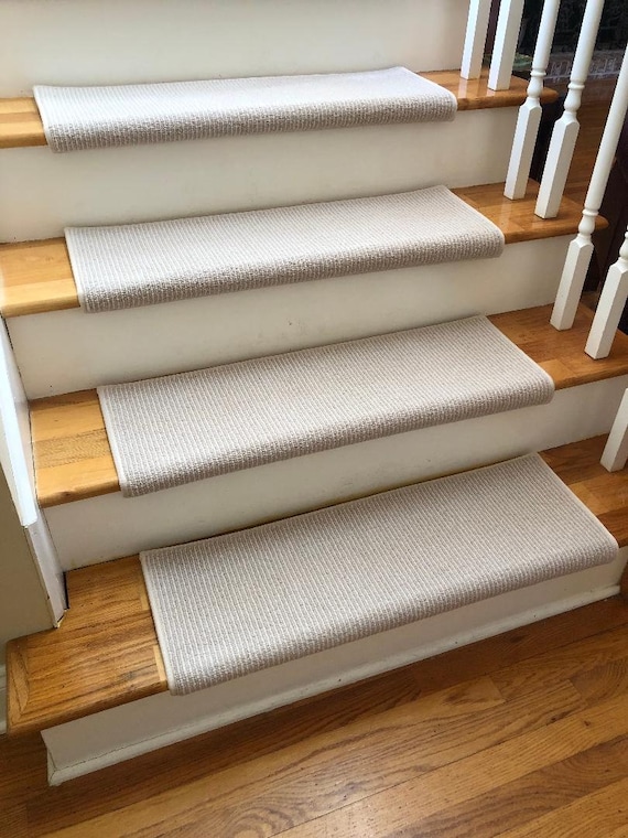 SALE BOX SET: Set of 14 Baytowne ll Oyster 100% Wool True Bullnose Padded Carpet Stair Treads 31" wide X 10" deep