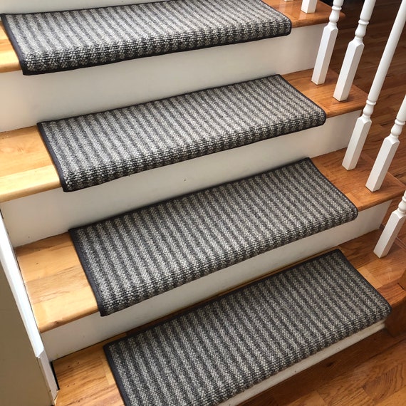 Bozeman Lt Grey/Med Grey 100% Wool True Bullnose® Padded Carpet Stair Tread  Handmade Step Cover Comfort Safety Dog - (Sold Per Step/Each)