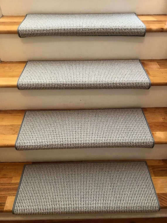 CLEARANCE SET! Set of 18 Sunrise Misty Water 100% New Zealand Wool True Bullnose ® Padded Stair Treads 27" wide X 10" deep
