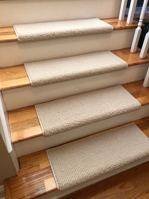 OPEN BOX SALE! Set of 10 Laredo Corde Ivory Ecco Tex wool blend -True Bullnose® Stair Treads  - 27" Wide x 10" Deep