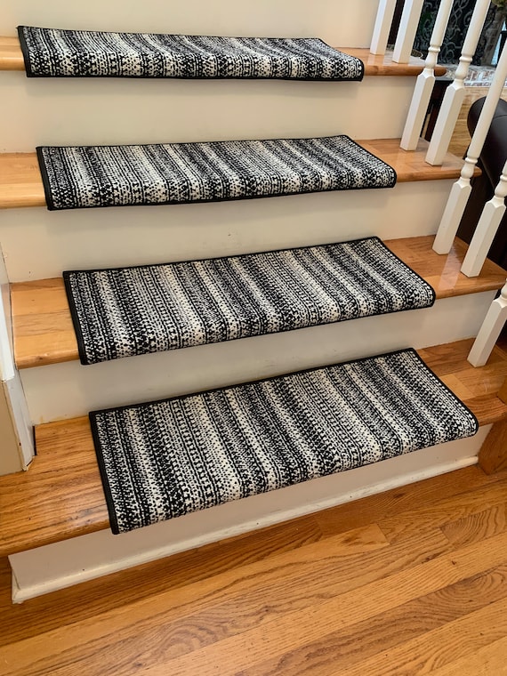 Halo Stripe Onyx (and other colors) Wool Blend! - TRUE Bullnose™ Carpet Padded Stair Tread Runner Replacement (Sold Each)