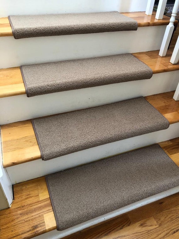 SALE BOX Set! - Set of 16 Wool Tip Shear II Raw Sugar 100% New Zealand Wool True Bullnose™ Padded Carpet Stair Tread 27" wide X 10" deep