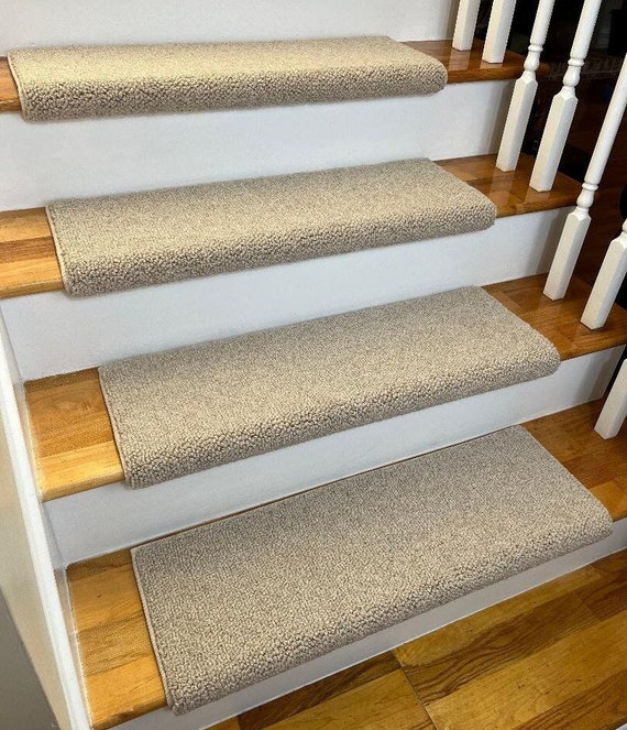 SALE BOX SET! Set of 16 Norfolk Tweed Linen/Ivory Ecco Tex Wool Blend True Bullnose™ Padded Carpet Stair Treads 31" wide X 10" deep