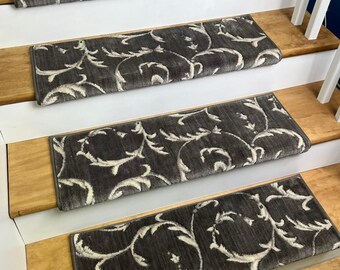 Somerset Scrollwork Charcoal (plus other colors) 100% Opulon True Bullnose® Padded Carpet Stair Tread (Sold Each)