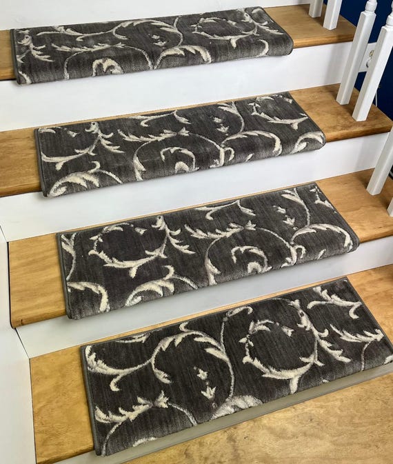 Somerset Scrollwork Charcoal 100% Opulon True Bullnose® Padded Carpet Stair Tread (Sold Each)