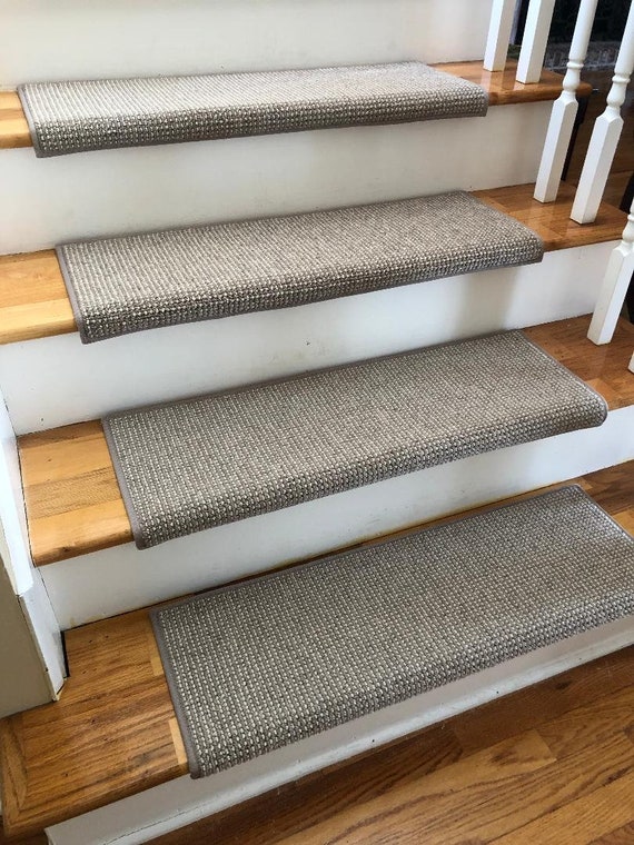 OPEN BOX Sale! Set of 16 Adderbury Taupe/Ivory Eco Tex Wool PADDED True Bullnose® Stair Treads 27" Wide X 10" Deep