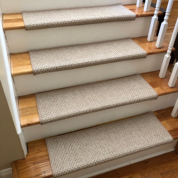 SALE BOX SET! Set of 18 Clearwater Light Beige 100% Wool True Bullnose ® Carpet Stair Treads 31" wide X 10" deep