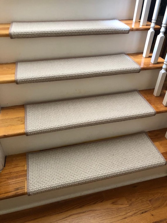 OPEN BOX SALE! Set of 18 Clearwater Taupe 100% Wool True Bullnose ® Carpet Stair Treads 31" wide X 10" deep