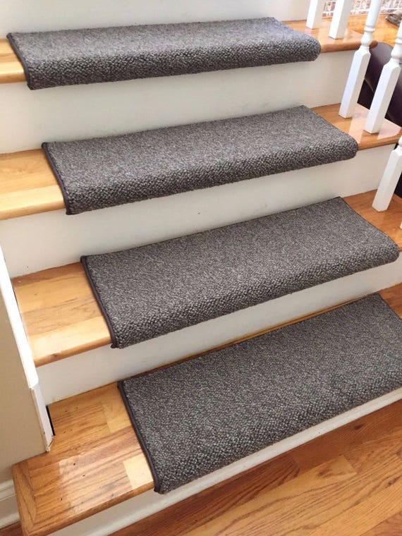 SALE BOX SET! Set of 19 Norfolk Tweed Granite/Dark Brown Tex Wool Blend True Bullnose™ Padded Carpet Stair Treads 31" wide X 10" deep