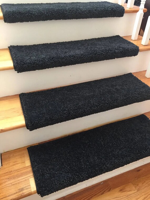 SALE Ready To Ship! Newbern Classic Coal Black Short Shag Cut Pile Padded True Bullnose® Carpet Stair Tread (Sold individually)