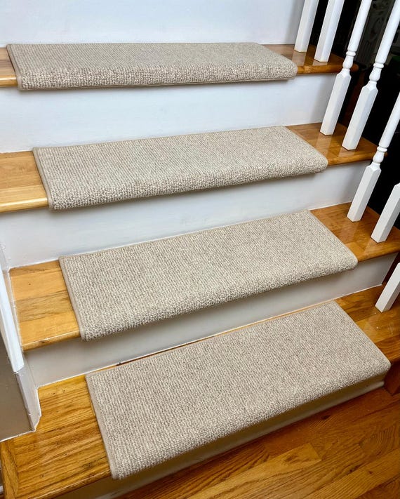 Big Sky Buff Light Beige 100% Wool True Bullnose® Padded Carpet Stair Tread JMish Step Comfort Safety Dog Pet Runner (Sold Per Step/Each)