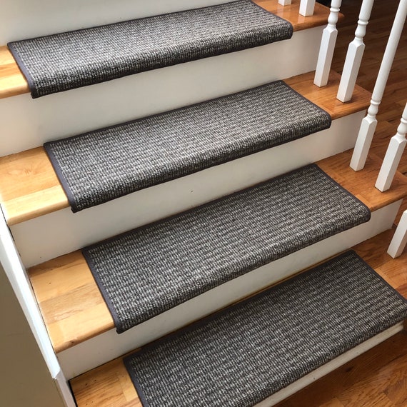 Rustic Charm Carbon Heather 100% Wool PADDED TRUE BULLNOSE™ Carpet Stair Tread JMish Step Cover Comfort Safety Dog Pet Runner - (Sold Each)